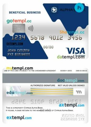 Cyprus Alpha bank Beneficial visa business card template in PSD format