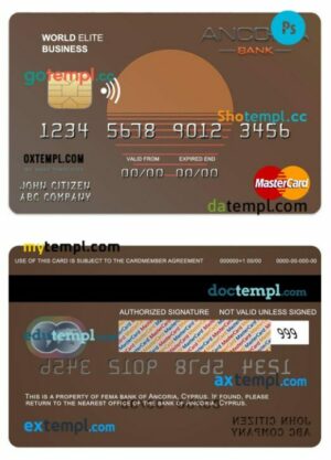 Cyprus Ancoria bank world elite business mastercard template in PSD format