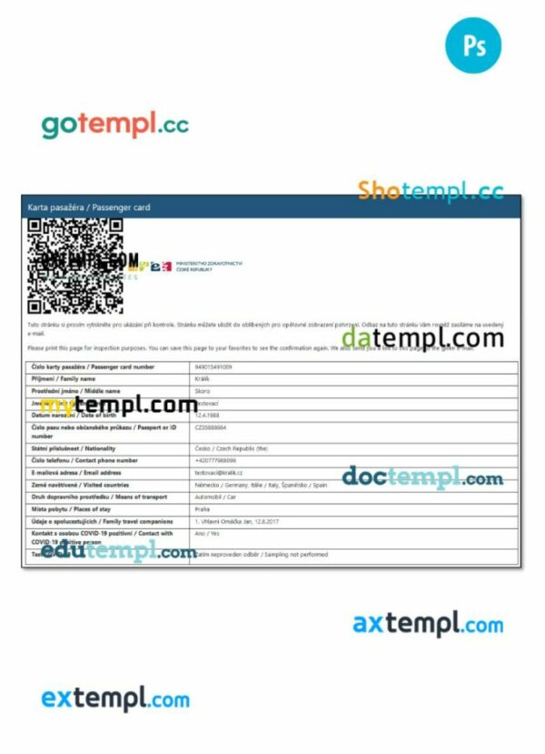 Czech arrival card template in PSD format