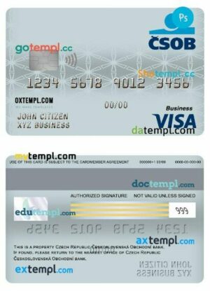 Czech republic ceskoslovenská obchodní bank visa business card template in PSD format