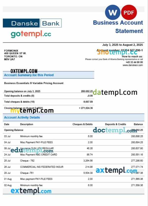 Danskebank business organization checking  statement Word and PDF format