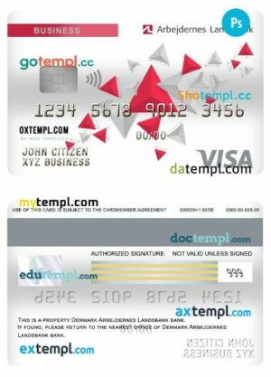 Denmark Arbejdernes landsbank bank visa business card template in PSD format