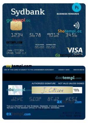 Denmark Sydbank business rewards visa signature card template in PSD format