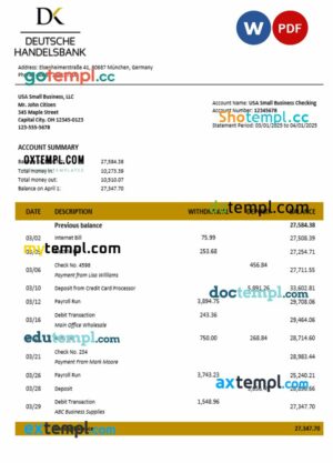 Deutsche Handelsbank firm account statement Word  and PDF format