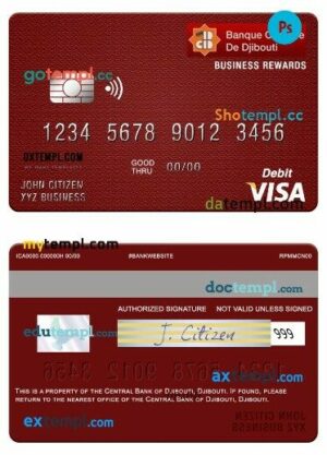 Djibouti Central Bank of Djibouti business rewards visa debit card template in PSD format