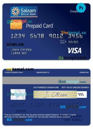 Djibouti The Salaam African bank visa Corporate prepaid card template in PSD format