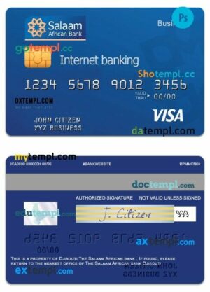 Djibouti The Salaam African bank visa prepaid internet business card template in PSD format