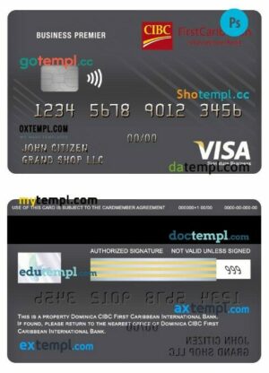 Dominica Cibc first caribbean international bank business premier visa signature card template in PSD format