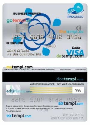 Dominican Republic Progreso bank business premier visa debit card template in PSD format