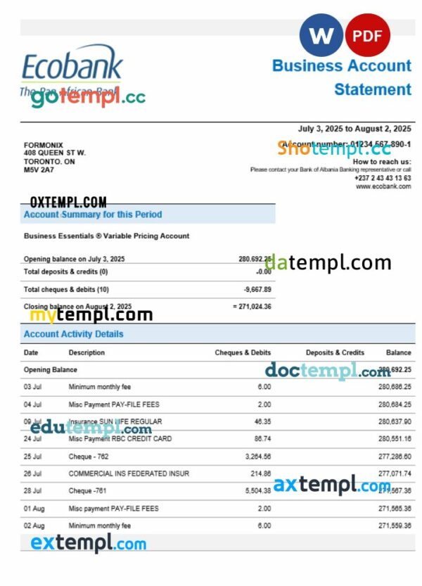 Ecobank organization checking account statement Word and PDF format