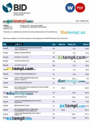 Ecuador Banco Interamericano de Desarrollo (BID) firm account statement Word  and PDF format