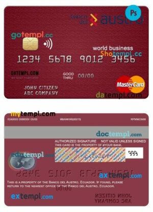 Ecuador Banco del Austro world business mastercard template in PSD format