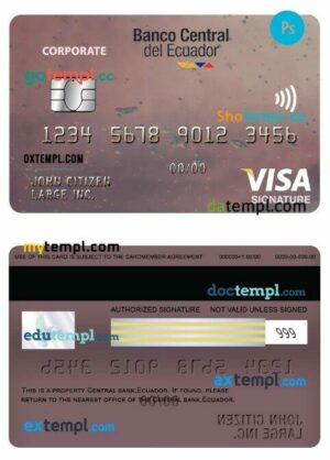 Ecuador Central bank corporate visa signature card template in PSD format