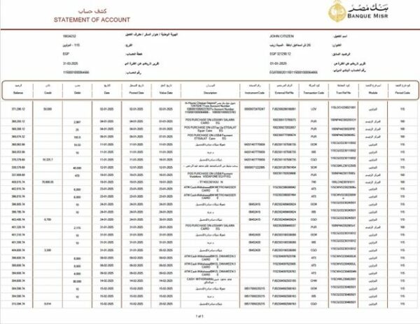 Egypt Banque Misr statement of account Word and PDF template