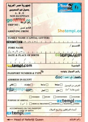 Egypt arrival card template in PSD format