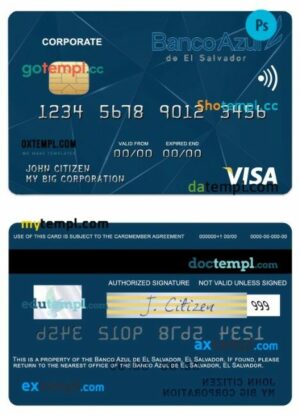 El Salvador Banco Azul de El Salvador corporate visa card template in PSD format