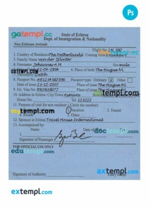 Eritrea arrival card template in PSD format