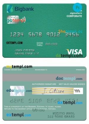 Estonia Bigbank visa corporate visa signature card template in PSD format