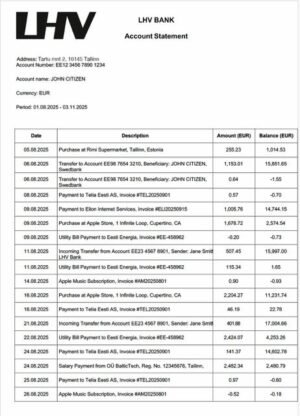 Estonia LHV Bank account statement Word and PDF template