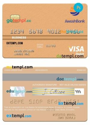 Ethiopia Awash International Bank business visa debit card template in PSD format