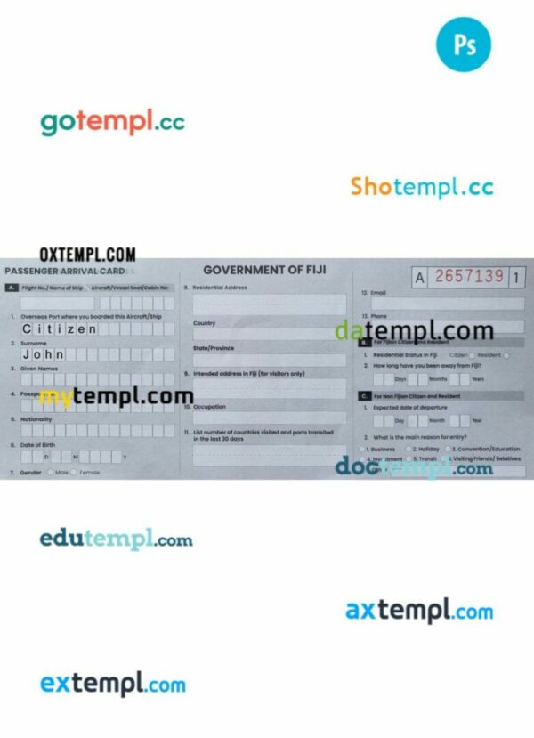 Fiji arrival card template in PSD format
