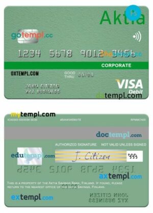 Finland Aktia Savings Bank corporate visa debit card template in PSD format