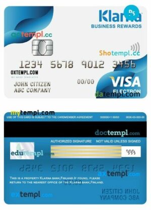 Finland Klarna bank business rewards visa electron card template in PSD format