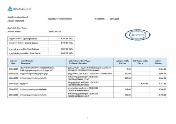 Georgia TBC Bank account statement Word and PDF template