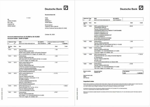 Germany Deutsche Bank account statement Word and PDF template, 2 pages
