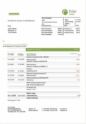 Germany Fidor Bank statement Word and PDF template