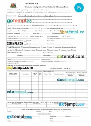 Grenada immigration card template in PSD format