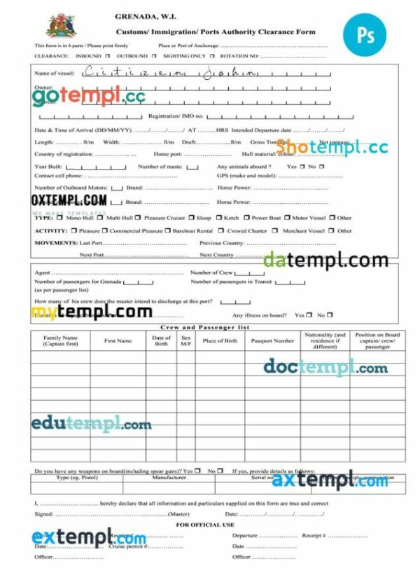 Grenada immigration card template in PSD format
