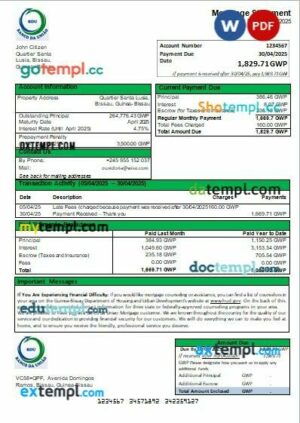 Guinea-Bissau Banco da Uniao bank mortgage statement in Word and PDF formats