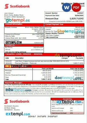Guyana Bank of Nova Scotia bank mortgage statement in Word and PDF formats