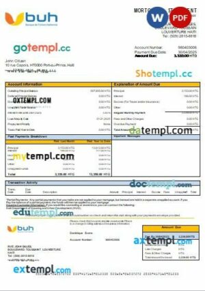 Haiti BUH bank mortgage statement in Word and PDF formats