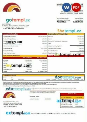 Hawaii First Hawaiian Bank mortgage statement in Word and PDF formats
