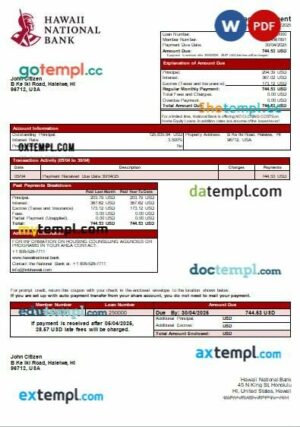 Hawaii Hawaii National Bank mortgage statement in Word and PDF formats