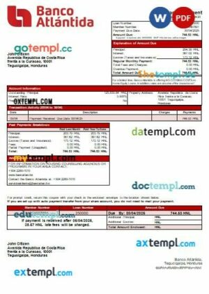 Honduras Banco Atlantida Bank mortgage statement in Word and PDF formats