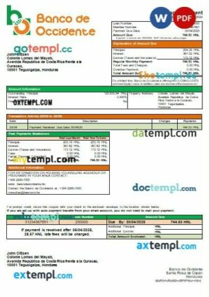 Honduras Banco de Occidente Bank mortgage statement in Word and PDF formats