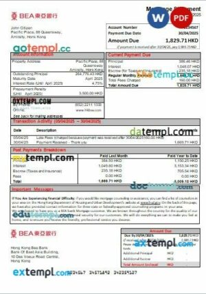 Hong Kong BEA bank mortgage statement in Word and PDF formats