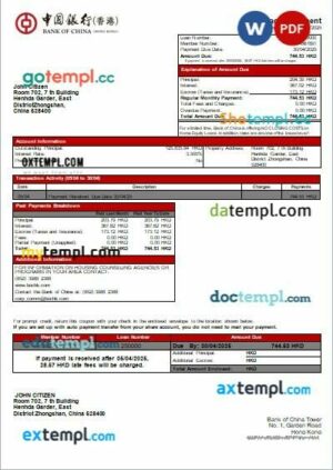 Hong Kong Bank of China bank mortgage statement in Word and PDF formats