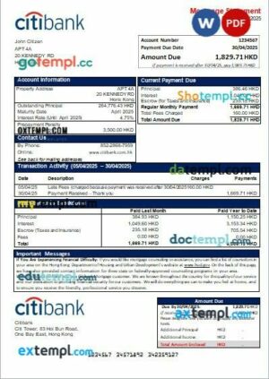 Hong Kong Citibank bank mortgage statement in Word and PDF formats