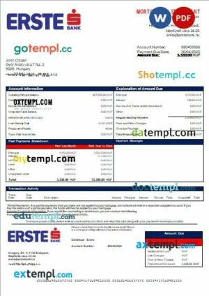 Hungary Erste bank mortgage statement in Word and PDF formats