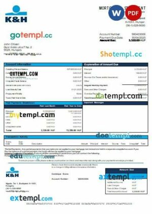 Hungary K&H Bank mortgage statement in Word and PDF formats