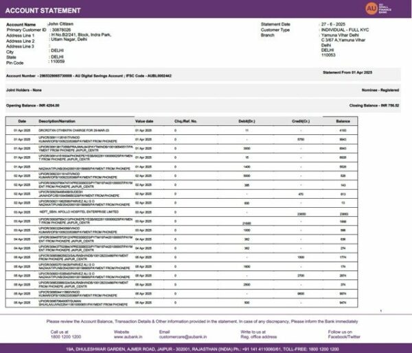 India AU Small Finance Bank account statement Word and PDF template