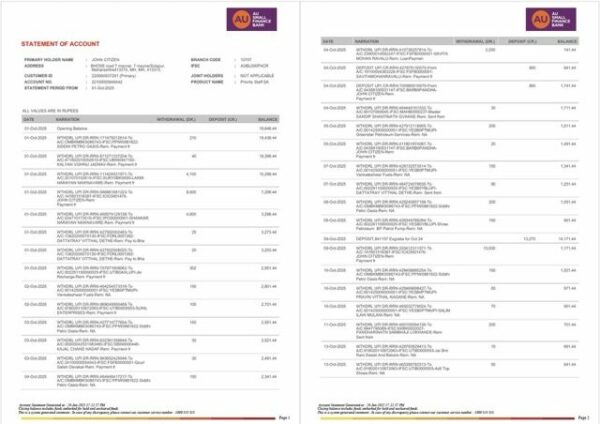 India AU Small Finance Bank statement of account Word and PDF template, 2 pages