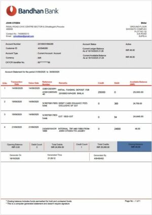 India Bandhan Bank account statement Word and PDF template