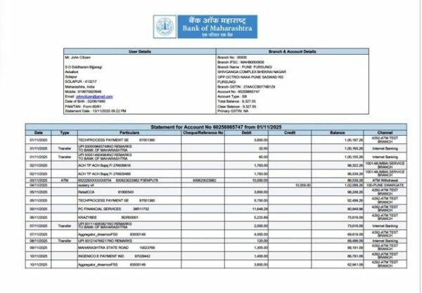 India Bank of Maharashtra statement for account Word and PDF template
