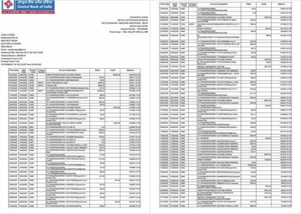 India Central Bank of India statement of account Word and PDF template, 2 pages