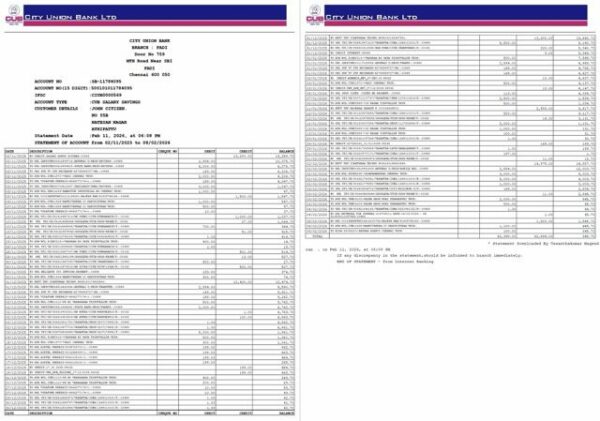 India City Union Bank statement of account Word and PDF template, 2 pages